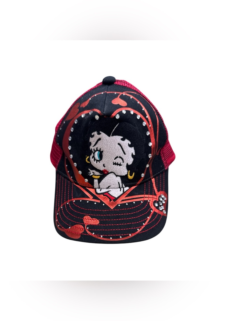 Betty Boop Black, Red & Orange Mesh Trucker Hat with Rhinestones